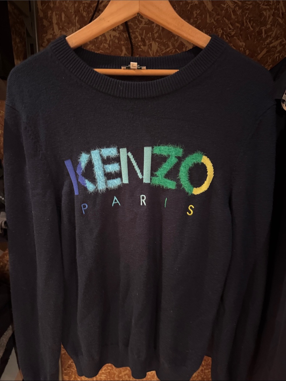 Kenzo Men's Navy Crewneck Sweater with Multicolor Fuzzy Logo
